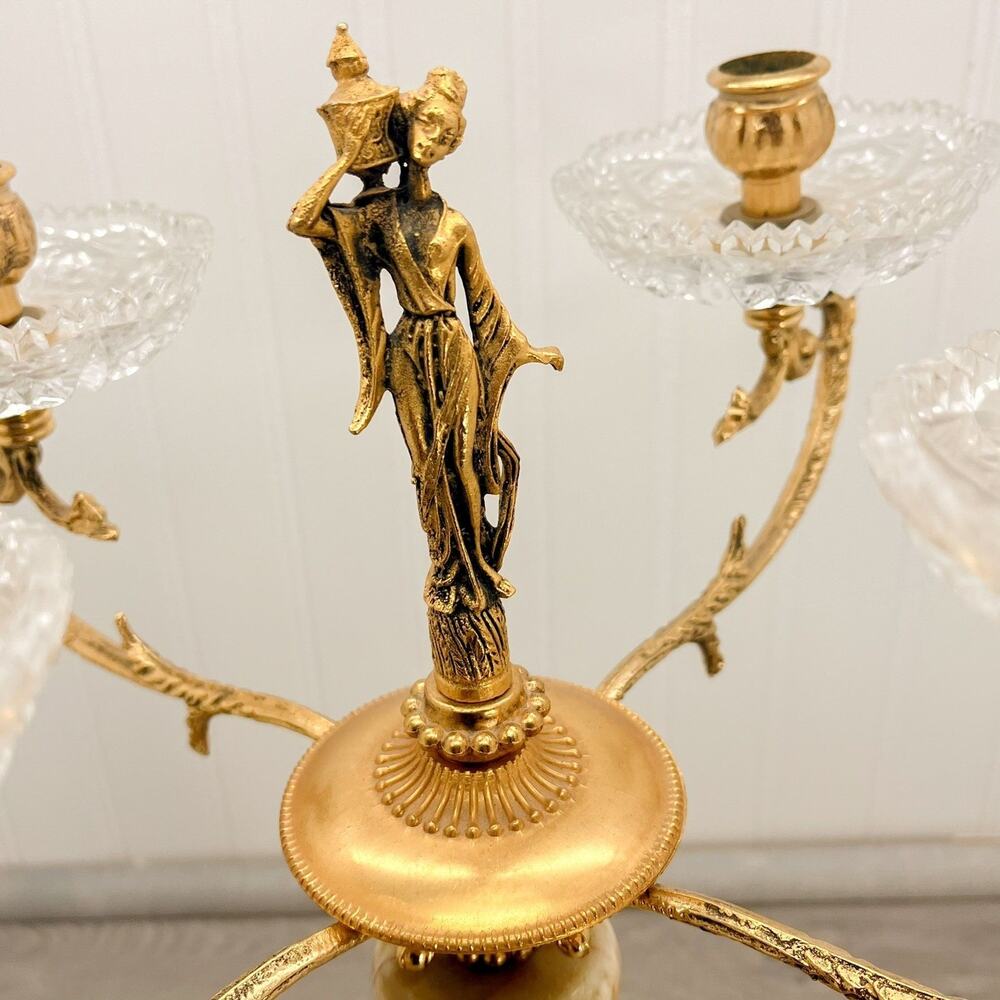 Hollywood Regency Brass Candelabra with Onyx Gilt Bronze and Cut Glass Cre-Art - Picture 10 of 10